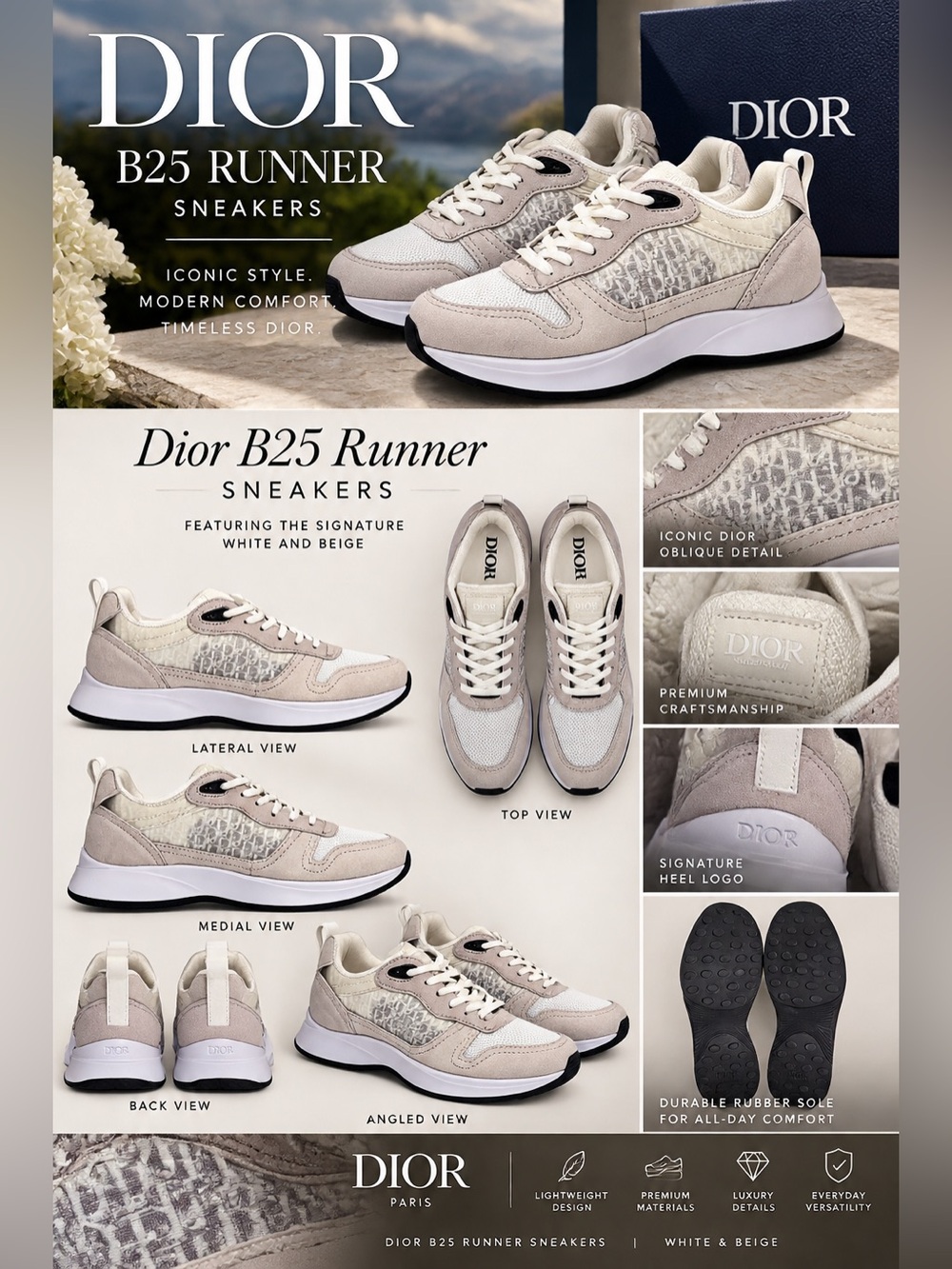 Dior B25 Runner sneakers featuring the signature white and beige🔥New!